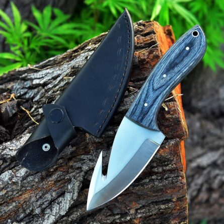 Damascus Gut Hook Hunting Knife with Black Wood Handle