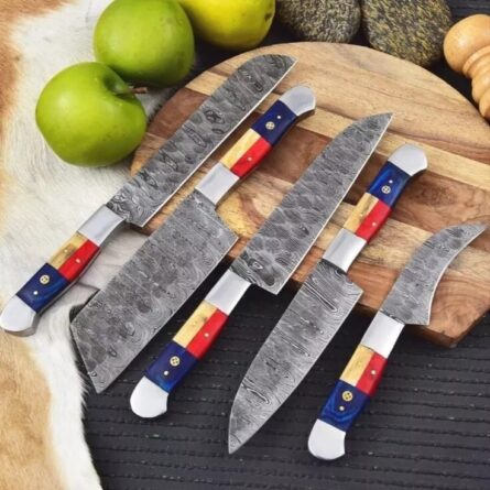 Handmade Chef Knife Set – 5 Piece Professional Kitchen Knives & Leather Roll Bag
