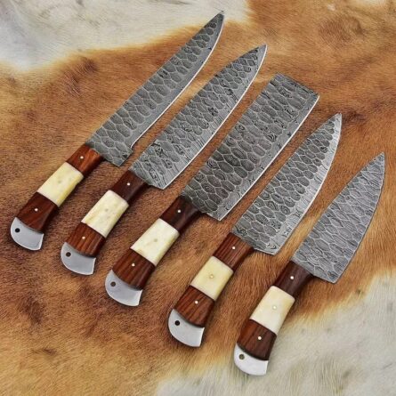 Custom Handmade Chef Knife Set – 5 Piece Professional Kitchen Knives & Leather Roll Bag