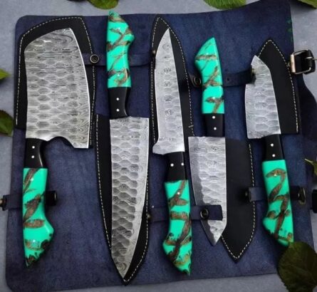Handmade Chef Knife Set – 5Piece Professional Kitchen Knives with Pine cone Resin handle & Leather Roll Bag