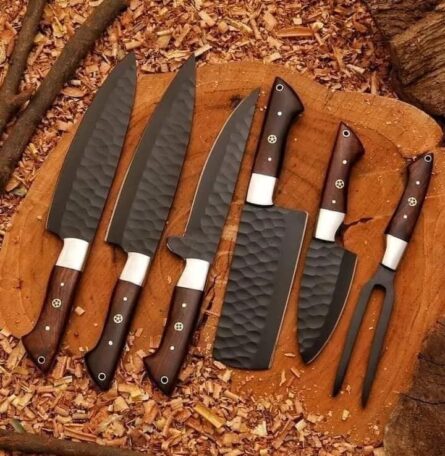 Handmade Chef Knife Set – 6 Piece Professional Kitchen Knives with Rosewood Handle & Leather Roll Bag