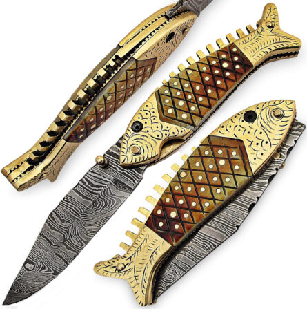 Premium Custom Handmade Damascus Fish Pocket knife