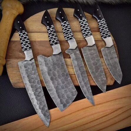 Custom Handmade Chef Knife Set – 5 Piece Professional Kitchen Knives & Leather Roll Bag