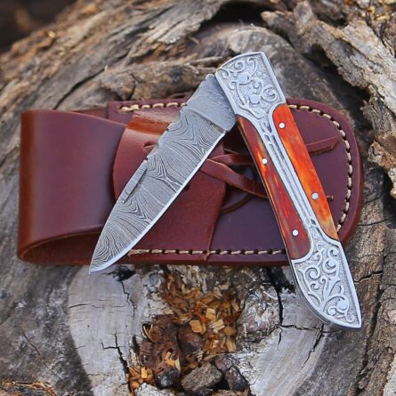 Custom Handmade damascus folding knife | knife with sheath