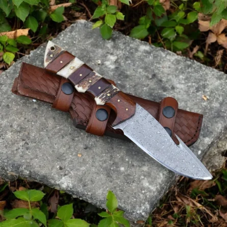Damascus Gut Hook Hunting Knife with Walnut Wood & Stag Horn Handle