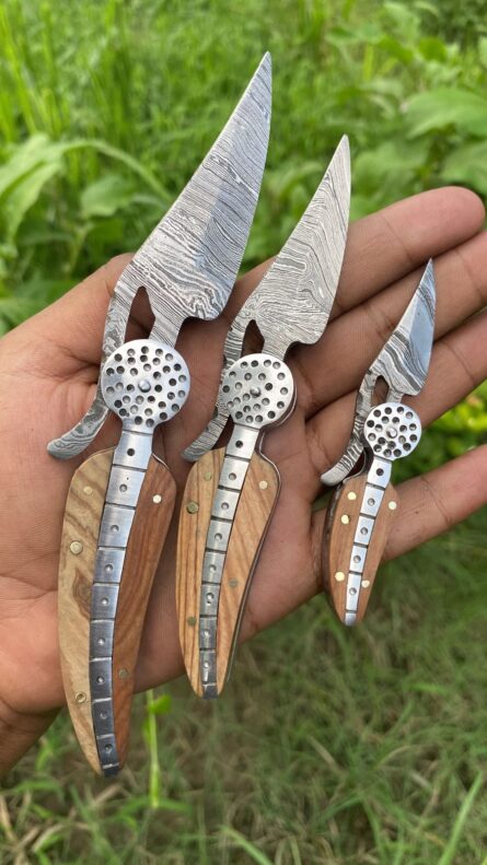 Custom Handmade Damascus Leaf style Pocket knife in Olive wood