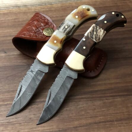 Set of 2 Handmade pocket knife | 6.5'' Damascus folding knife | knife with leather sheath