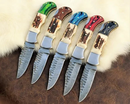 Set of 5 Custom Handmade pocket knife | 6.5'' Damascus folding knife | knife with leather sheath