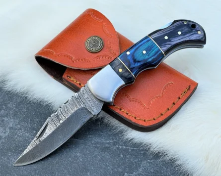 Custom Handmade pocket knife | 6.5'' Damascus folding knife | knife with leather sheath