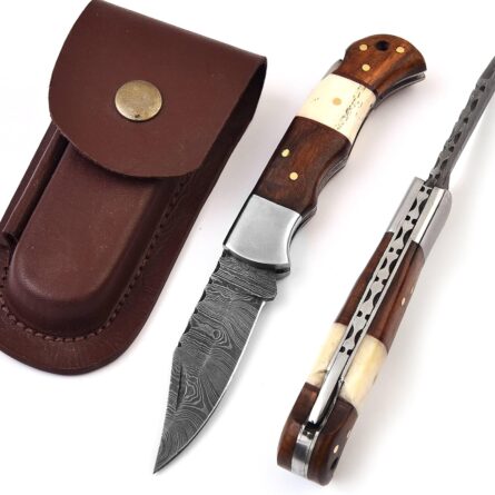 Custom Handmade pocket knife | 6.5'' Damascus folding knife | knife with leather sheath