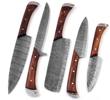 Custom Handmade Chef Knife Set | Rose wood handle  – 5 Piece Professional Kitchen Knives & Leather Roll Bag