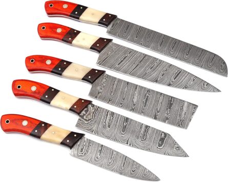Custom Handmade Chef Knife Set – 5 Piece Professional Kitchen Knives & Leather Roll Bag