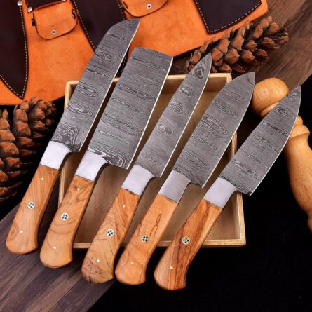 Custom Handmade Chef Knife Set – 5 Piece Professional Kitchen Knives & Leather Roll Bag