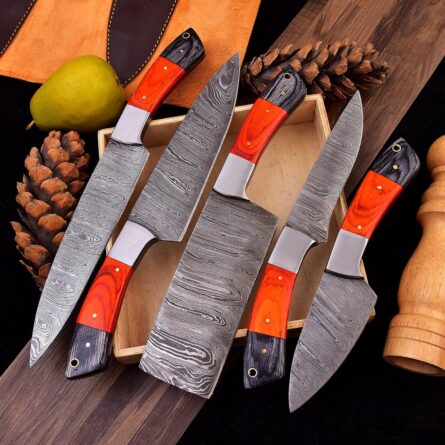 Custom Handmade Chef Knife Set – 5Piece Professional Kitchen Knives & Leather Roll Bag