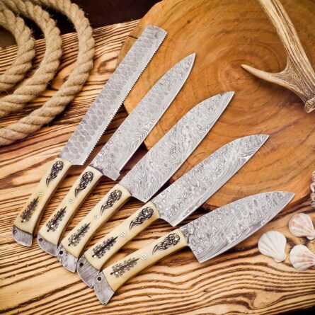 Custom Handmade Chef Knife Set – 5 Piece Professional Kitchen Knives & Leather Roll Bag