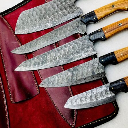 Custom Handmade Chef Knife Set – 5Piece Professional Kitchen Knives & Leather Roll Bag