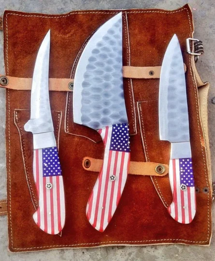 Custom Handmade Chef Knife Set –3 Piece Professional Kitchen Knives & Leather Roll Bag