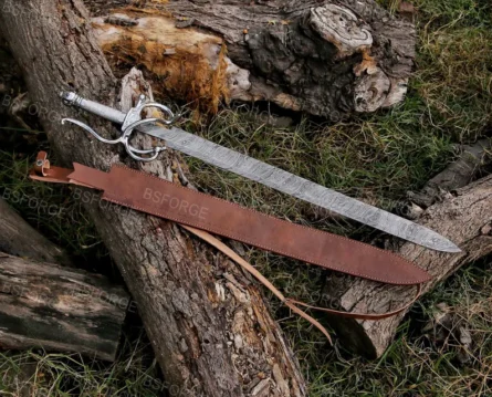 Hand-Forged Viking Damascus Steel Sword – Swept Hilt Side-Sword with Premium Leather Scabbard