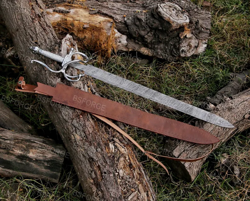 Hand-Forged Viking Damascus Steel Sword – Swept Hilt Side-Sword with ...