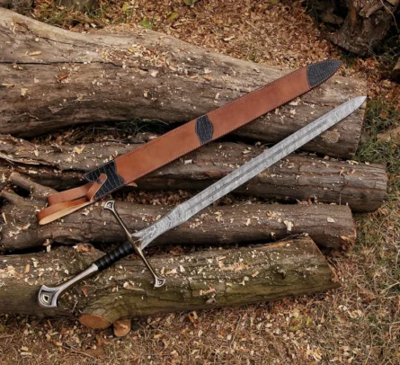 Hand-Forged Viking Damascus Steel Sword  | Hand-Forged Anduril Sword Replica – Damascus Steel "Flame of the West" with Premium Leather Scabbard