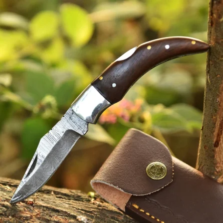 Custom Handmade damascus pocket knife | 6.5'' Damascus folding knife | knife with leather sheath