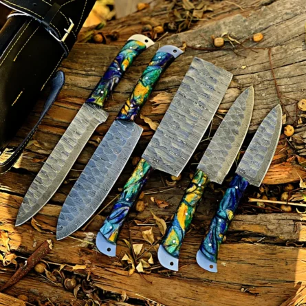 Custom Handmade Chef Knife Set –5 Piece Professional Kitchen Knives & Leather Roll Bag