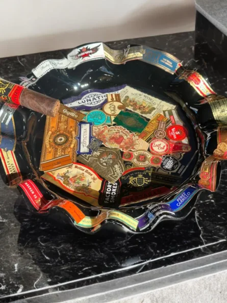 Handcrafted Cigar Band Decoupage Glass Ashtray – Large "Big Mac" Style