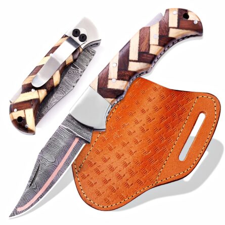 Copper Damascus Pocket Knife for Men 6.5 Inches | Handmade Damascus Folding Knife, Exotic Wood, Back Lock, Includes Sheath, EDC Camping Hiking