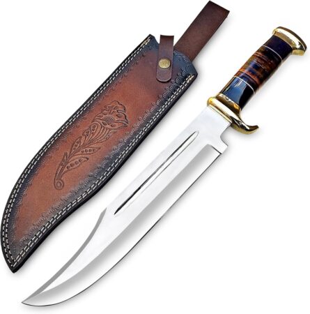 D2 18 Inches Large Crocodile Dundee Bowie Knife with Leather Sheath Big Survival Fixed Blade Knife with Leather and Horn Handle for Outdoor Camping Knives For Men