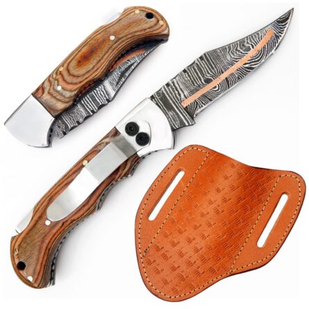 Damascus Pocket Knife with Clip 6.5" Handmade Folding Knife Pocket Knife with Sheath For Men- Camping, Fishing, Indoor & Outdoors Activities - Damascus Knife - Folding Hunting Knives