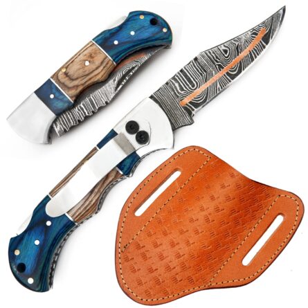 Damascus Pocket Knife with Clip - 6.5" Handmade Folding Knife with Sheath - Pocket Knife For Men - Camping Hunting Fishing Indoor & Outdoors Activities - Damascus Knife - Folding Hunting Knives